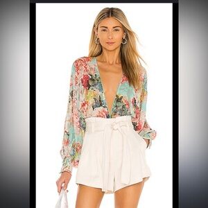 Sage Bodysuit Turquoise HEMANT AND NANDITA Floral Embroidered Puff Sleeves XS
